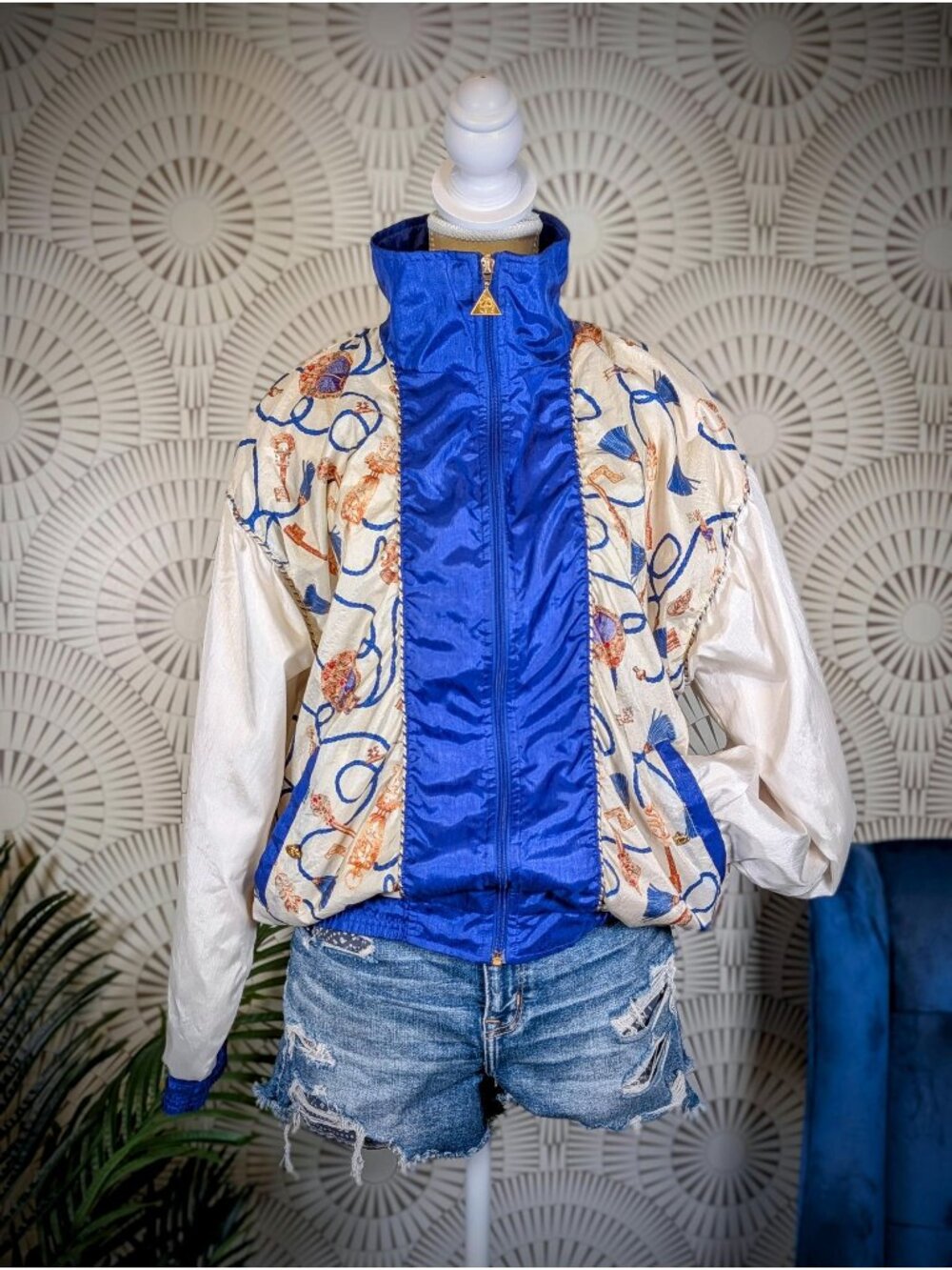 1980's Purple & White Retro Print Windbreaker - Women's Size S